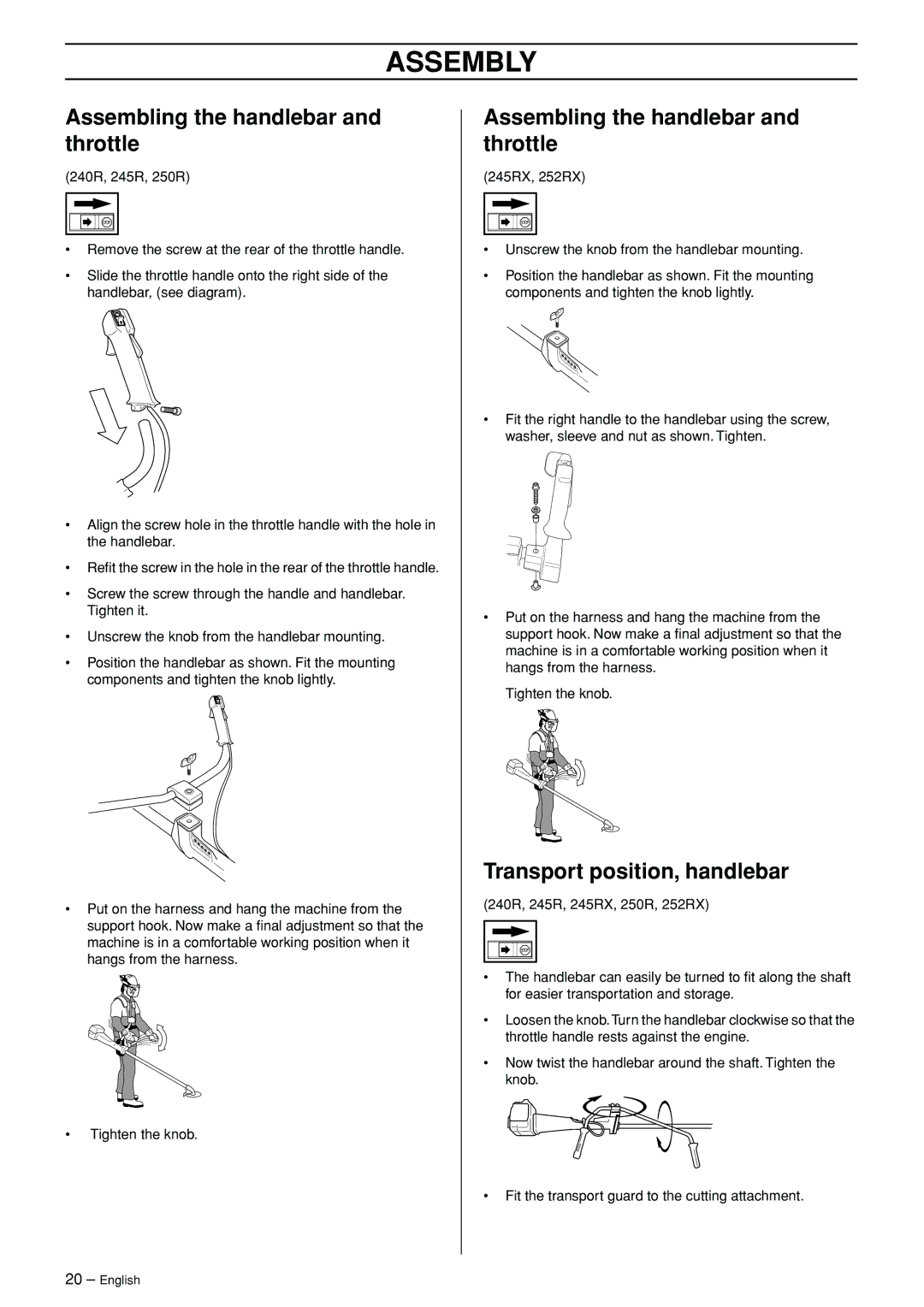 Husqvarna 245RX manual Assembly, Assembling the handlebar and throttle, Transport position, handlebar 