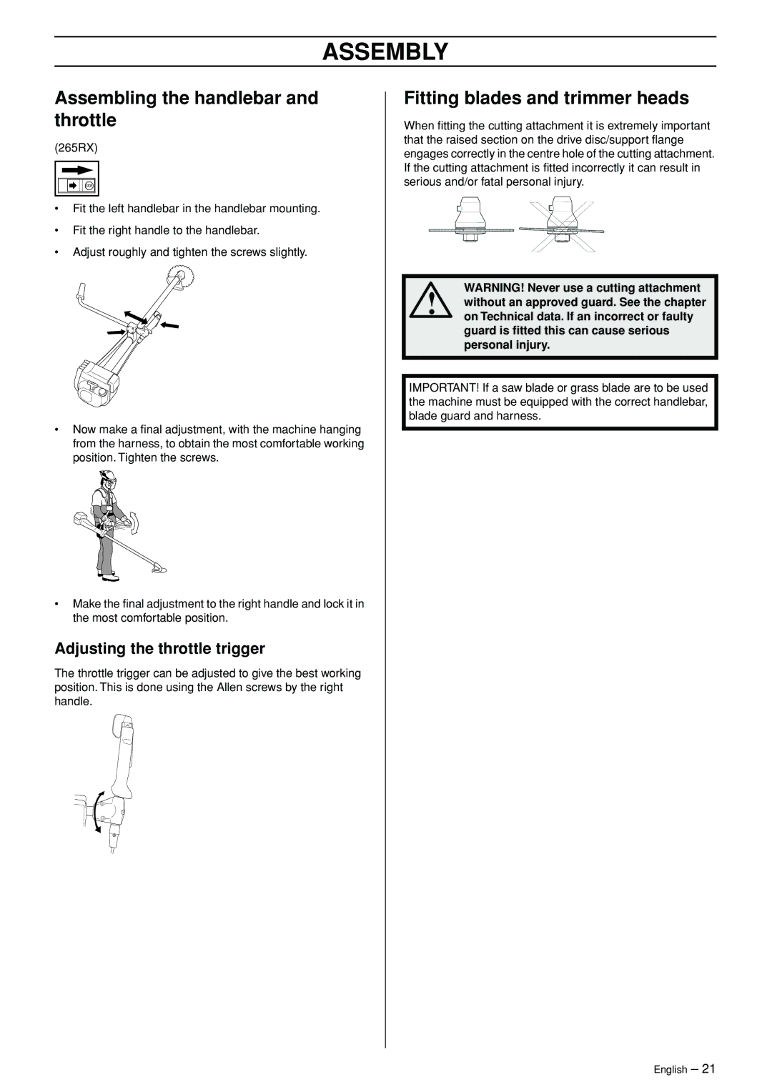 Husqvarna 245RX manual Fitting blades and trimmer heads, Adjusting the throttle trigger 