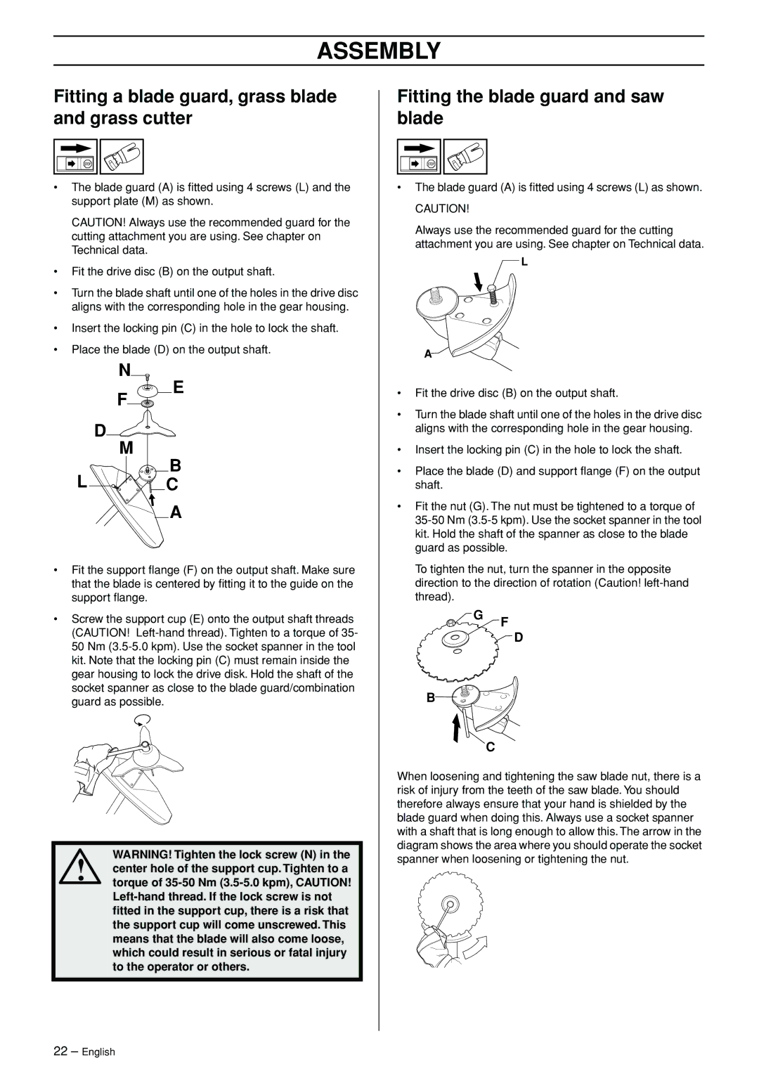 Husqvarna 245RX manual Fitting a blade guard, grass blade and grass cutter, Fitting the blade guard and saw blade 