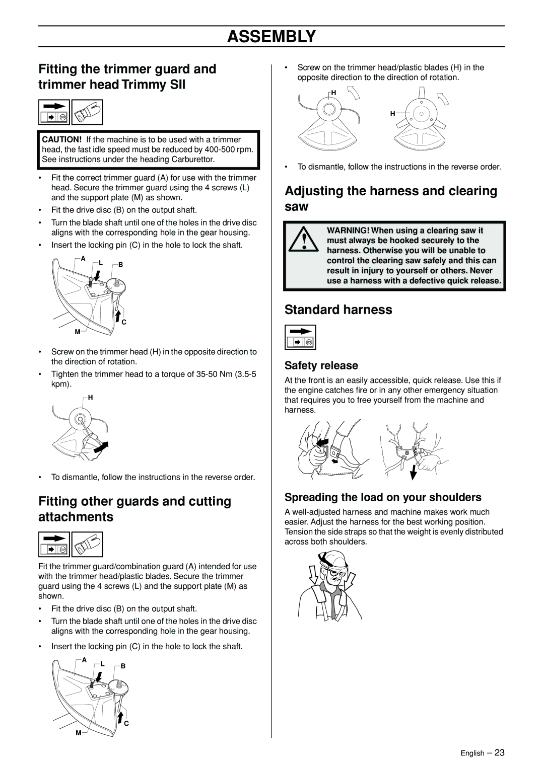 Husqvarna 245R Adjusting the harness and clearing saw, Standard harness, Fitting other guards and cutting attachments 