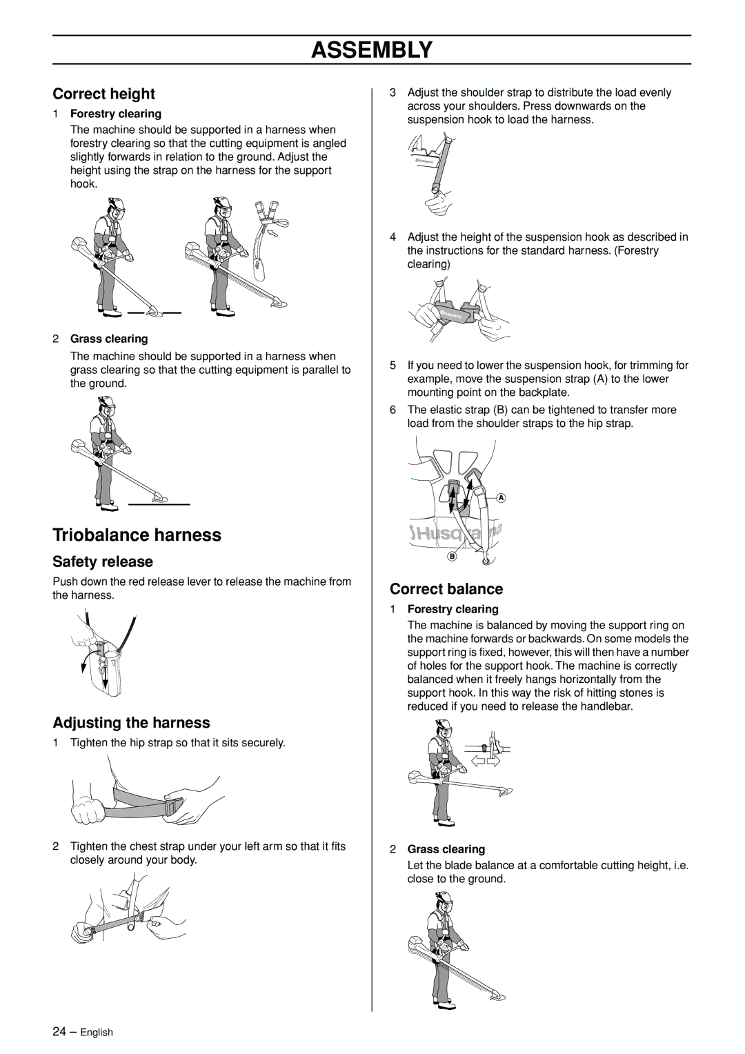 Husqvarna 245RX manual Triobalance harness, Correct height, Adjusting the harness, Correct balance 