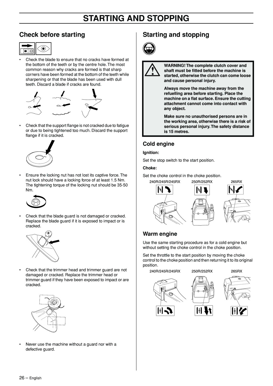 Husqvarna 245RX manual Starting and Stopping, Check before starting, Starting and stopping, Cold engine, Warm engine 