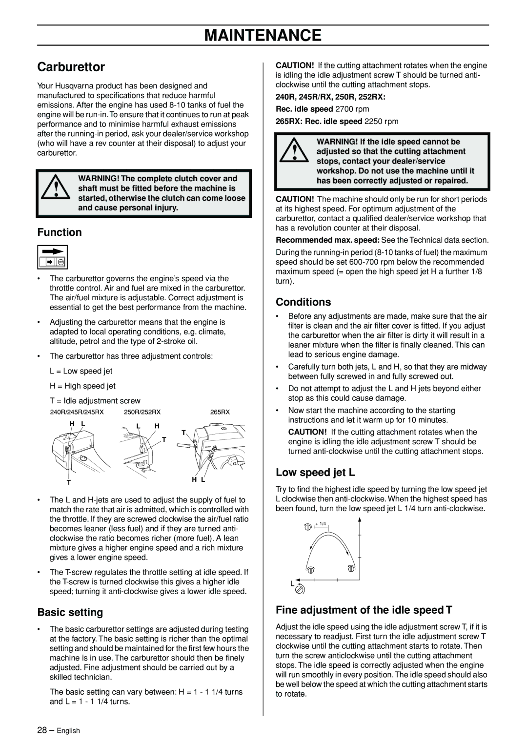 Husqvarna 245RX manual Maintenance, Carburettor 