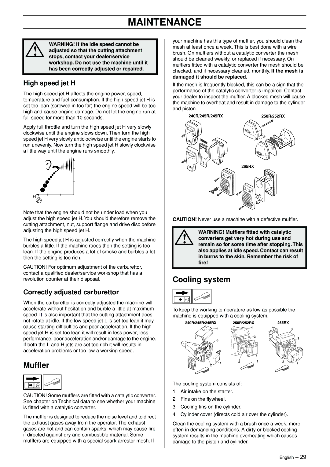 Husqvarna 245RX manual Mufﬂer, Cooling system, High speed jet H, Correctly adjusted carburettor 