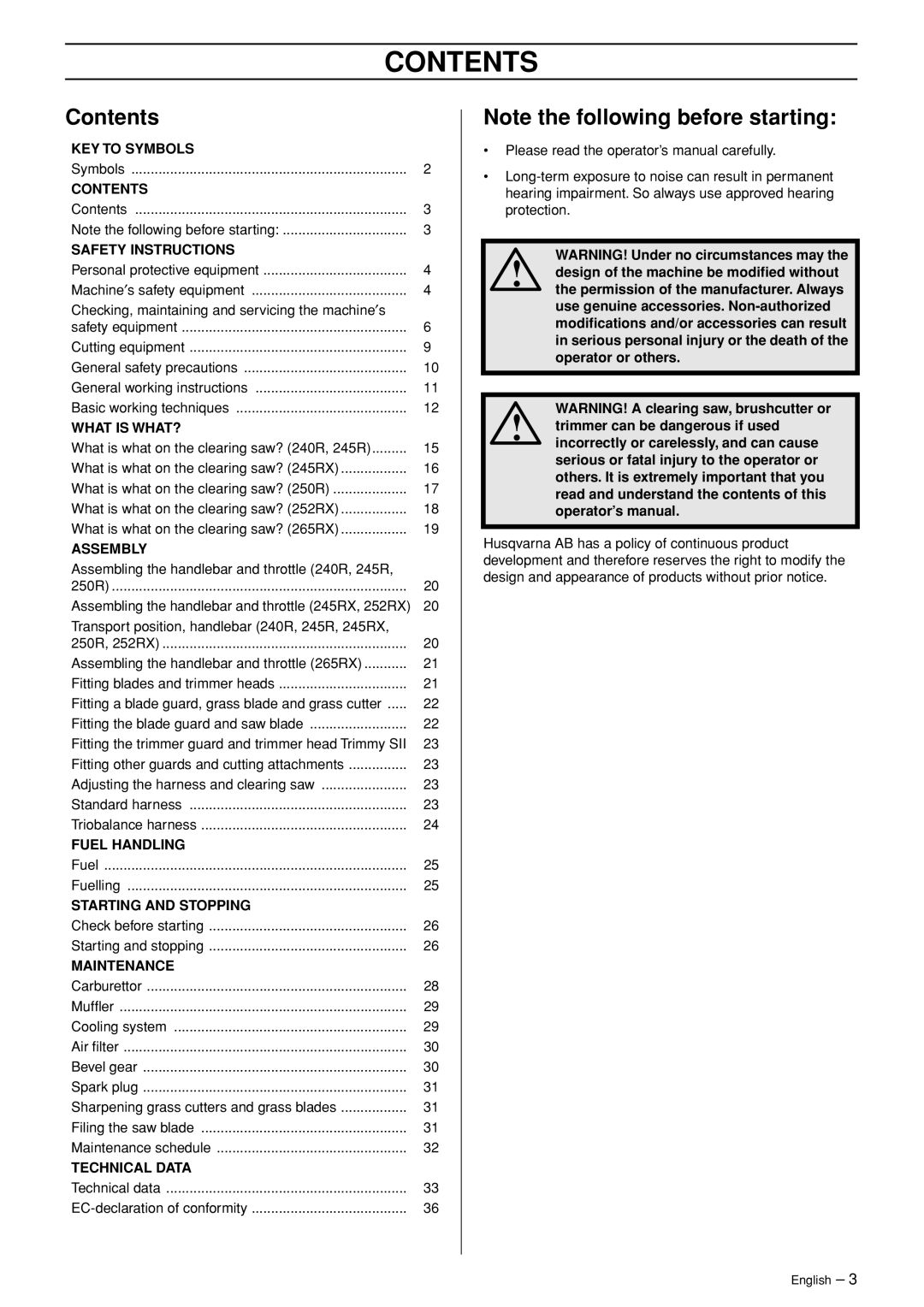 Husqvarna 245RX manual Contents 