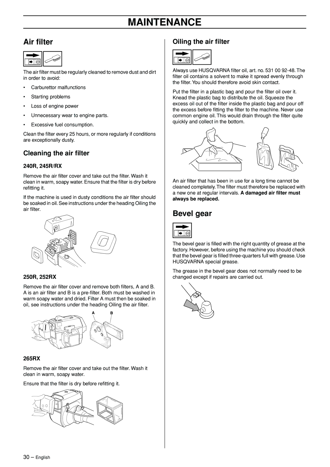 Husqvarna 245RX manual Air ﬁlter, Bevel gear, Cleaning the air ﬁlter, Oiling the air ﬁlter 