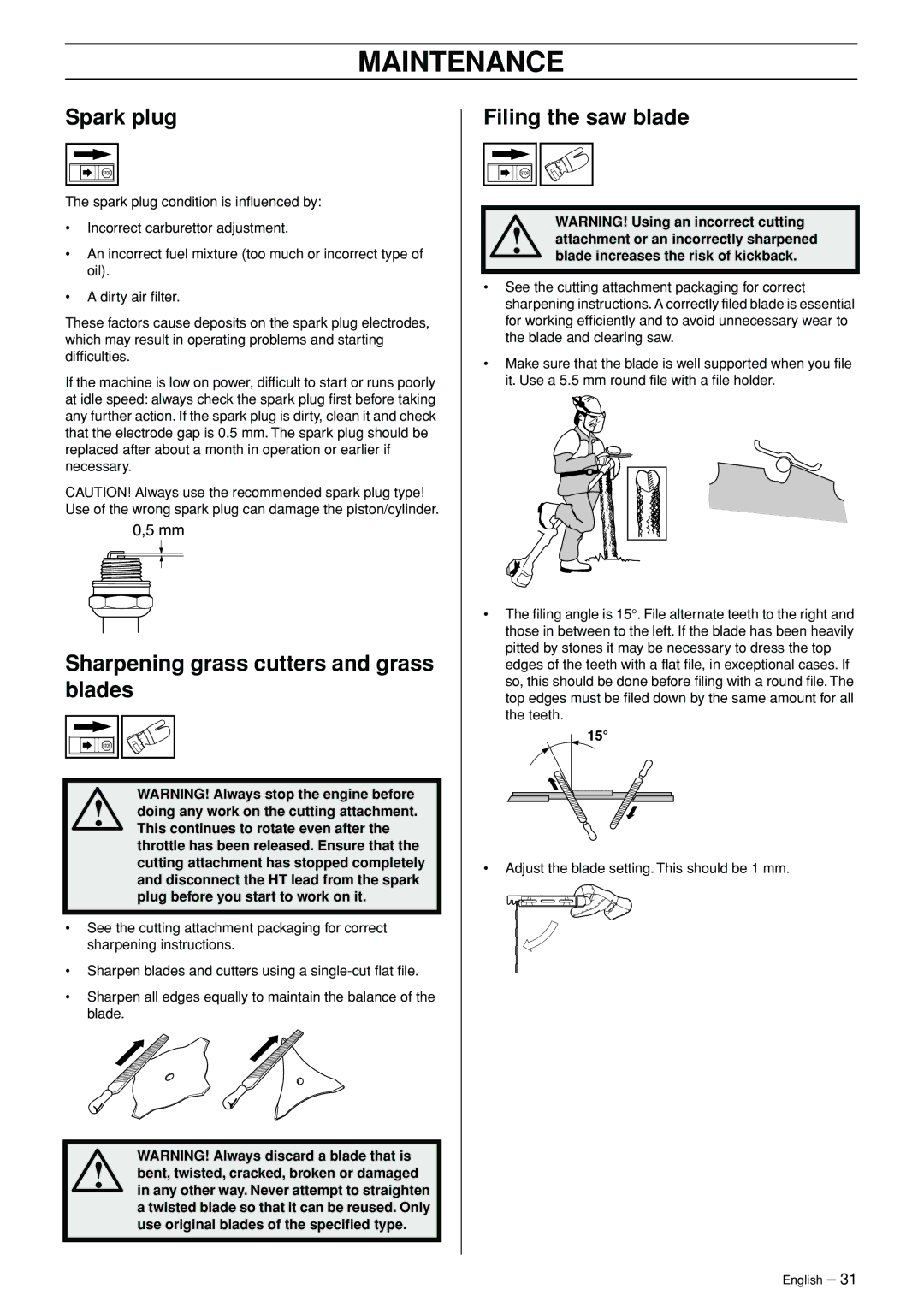 Husqvarna 245RX manual Spark plug, Sharpening grass cutters and grass blades, Filing the saw blade 