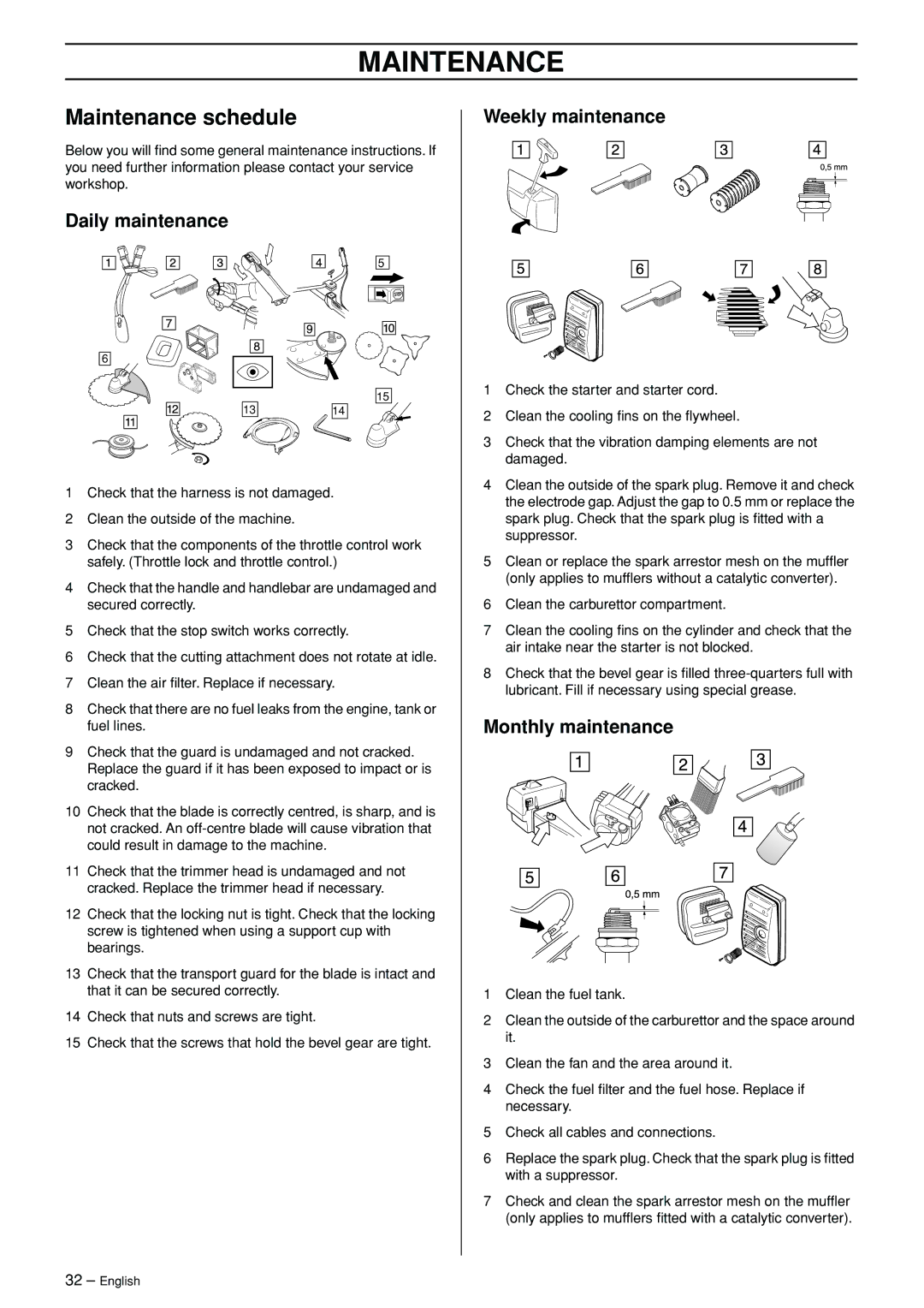 Husqvarna 245RX manual Maintenance schedule, Daily maintenance, Weekly maintenance, Monthly maintenance 