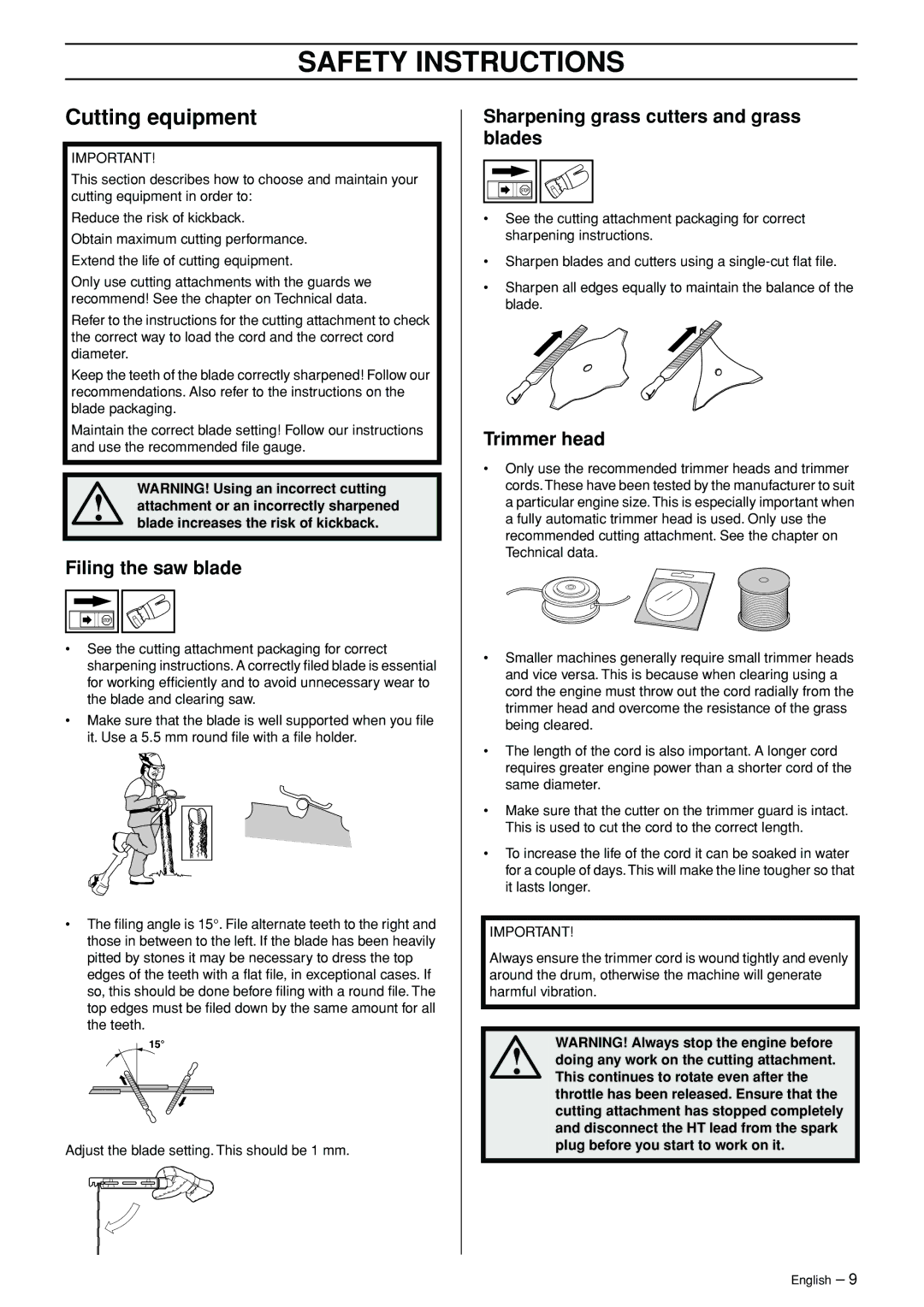 Husqvarna 245RX manual Cutting equipment, Filing the saw blade, Sharpening grass cutters and grass blades, Trimmer head 