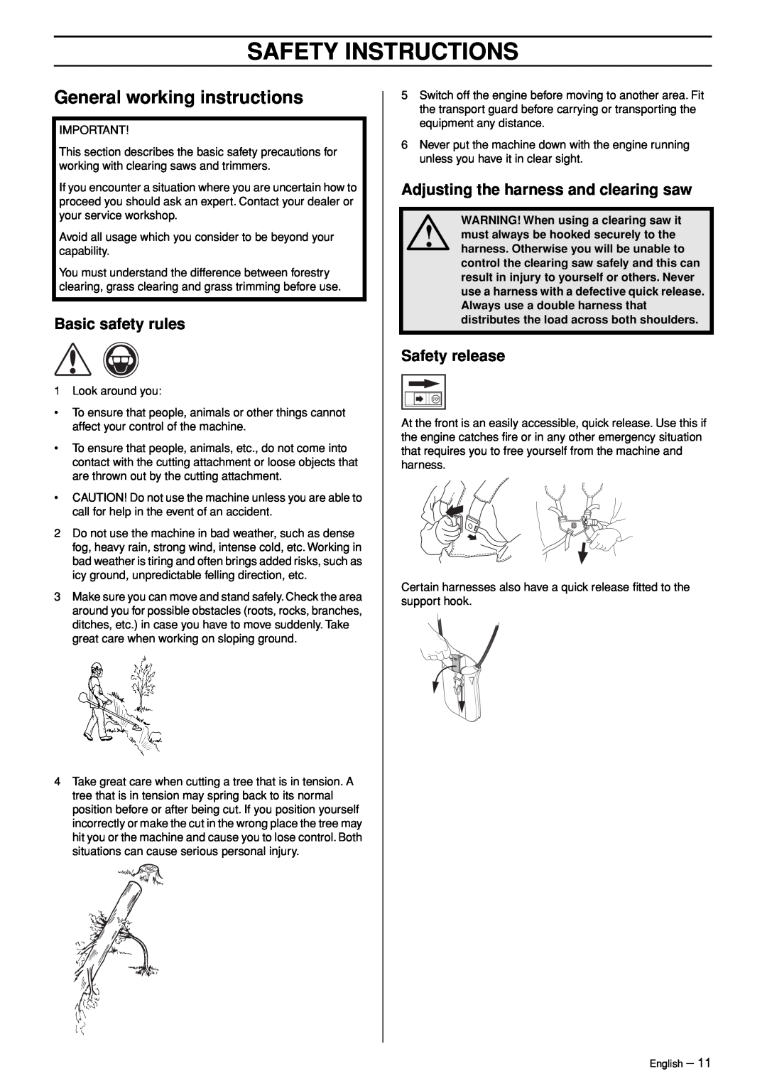Husqvarna 245R General working instructions, Basic safety rules, Adjusting the harness and clearing saw, Safety release 