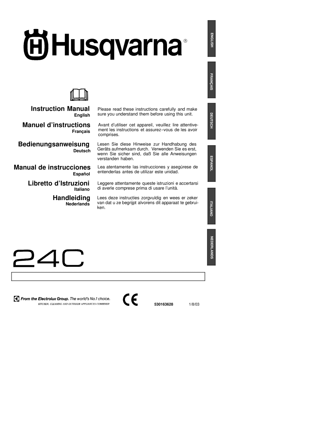 Husqvarna 24C instruction manual English, Français, Deutsch, Español, Italiano, Nederlands 