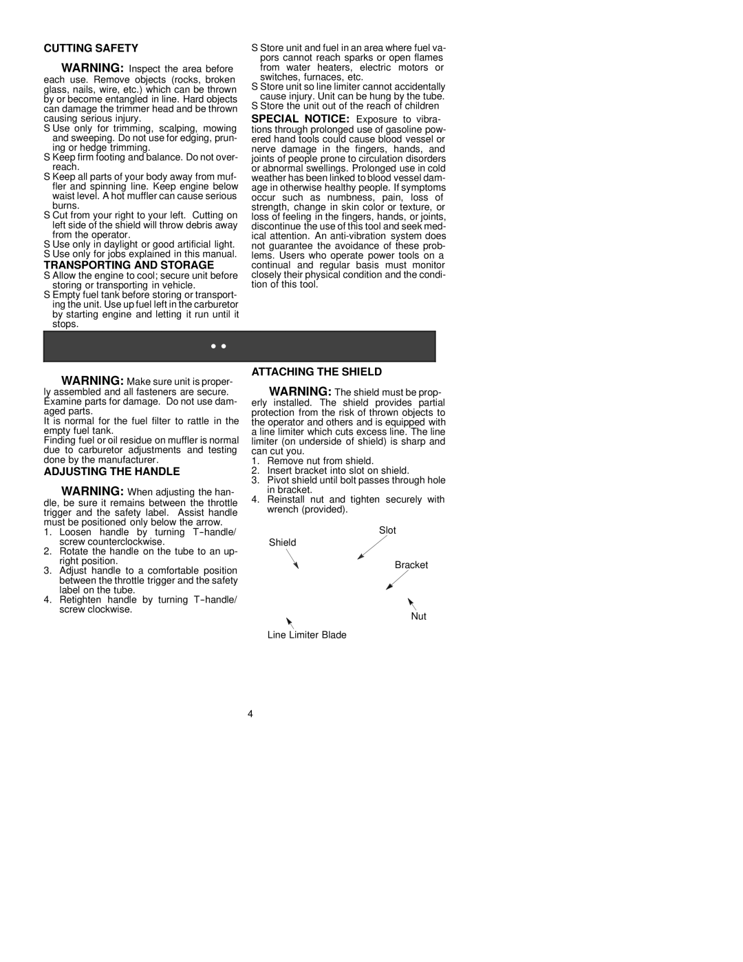 Husqvarna 24C instruction manual Cutting Safety, Transporting and Storage, Adjusting the Handle, Attaching the Shield 