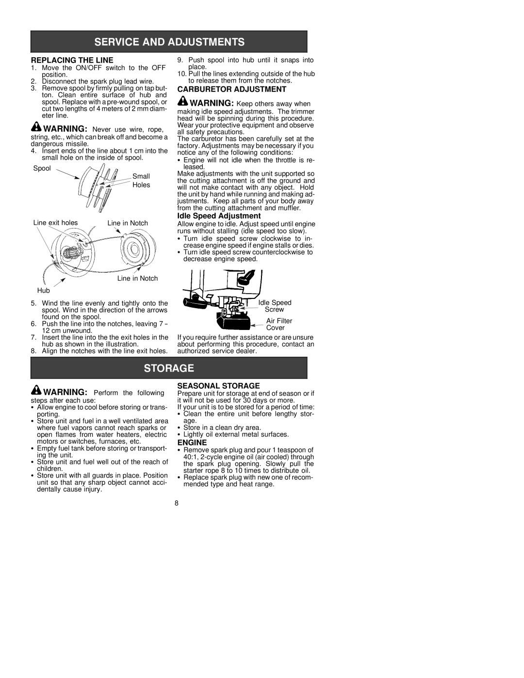 Husqvarna 24C instruction manual Replacing the Line, Carburetor Adjustment, Seasonal Storage, Engine 