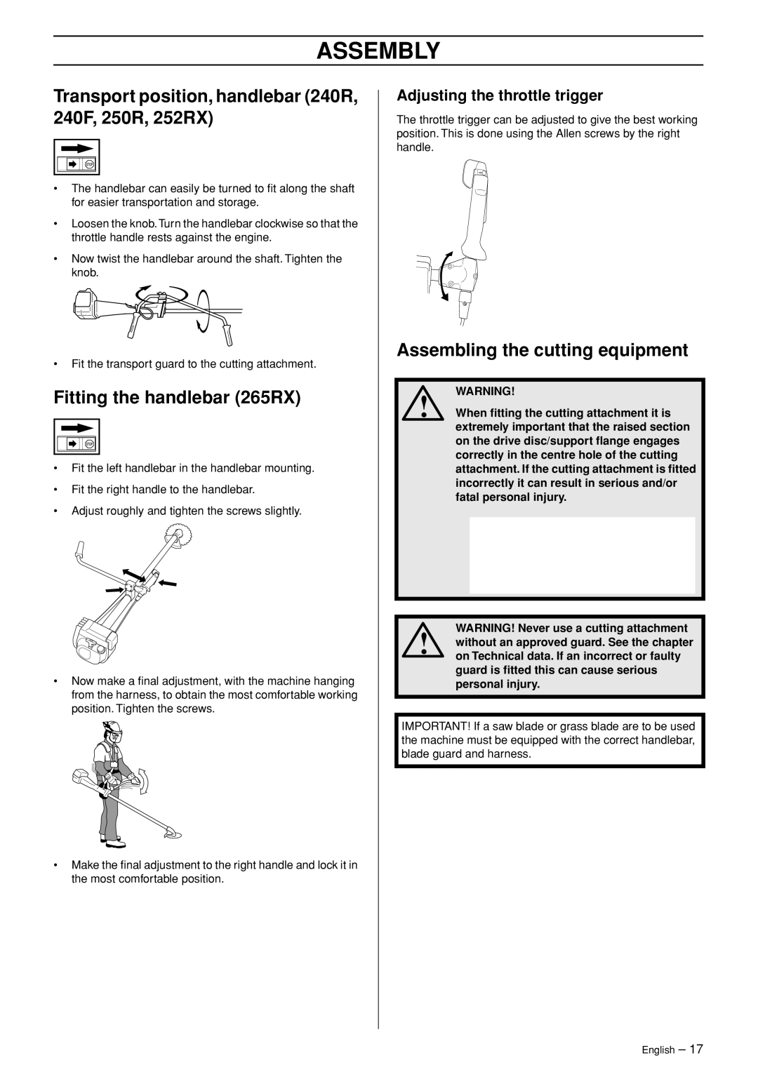 Husqvarna 250 R manual Transport position, handlebar 240R, 240F, 250R, 252RX, Fitting the handlebar 265RX 