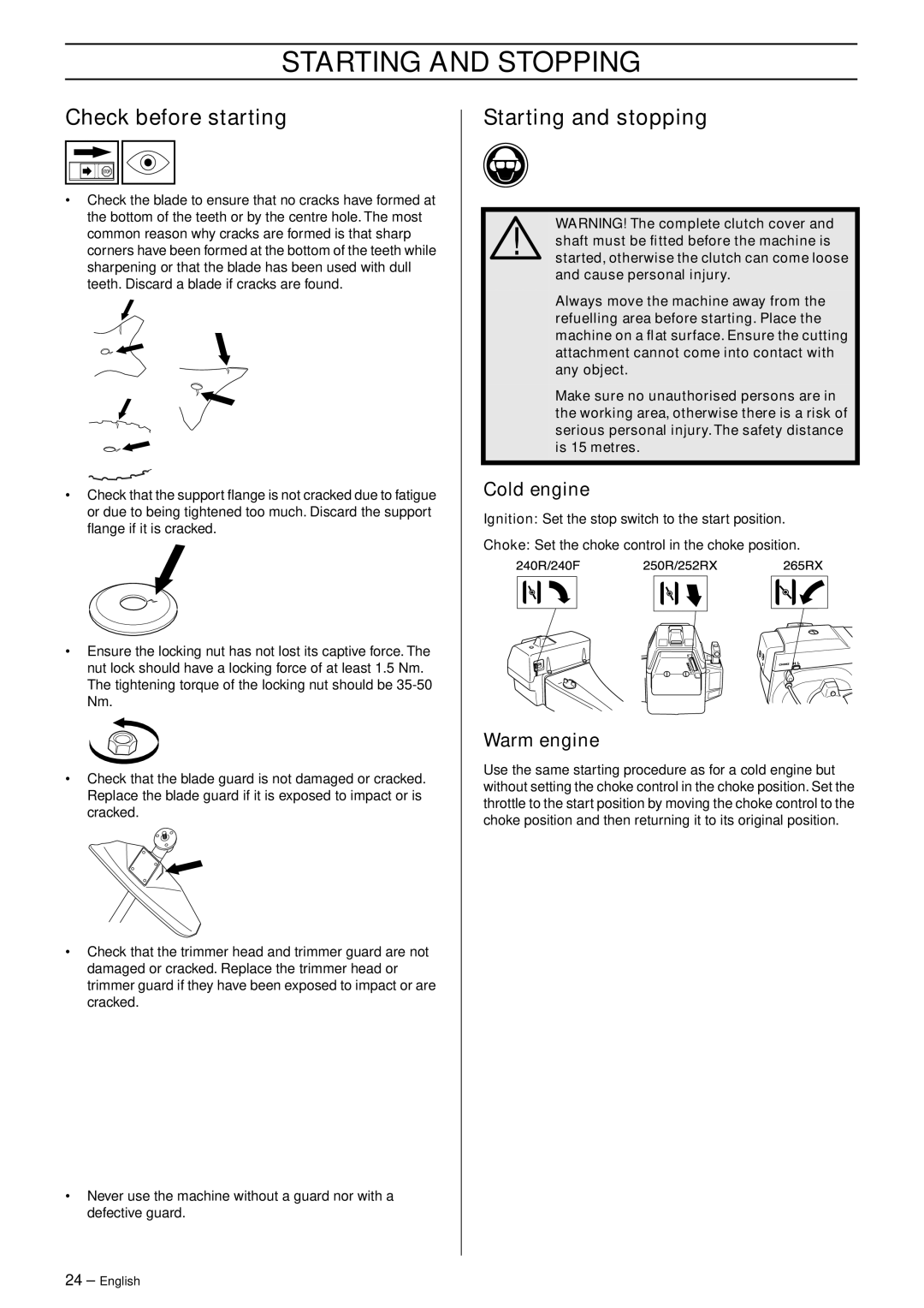 Husqvarna 250 R manual Starting and Stopping, Check before starting, Starting and stopping, Cold engine, Warm engine 