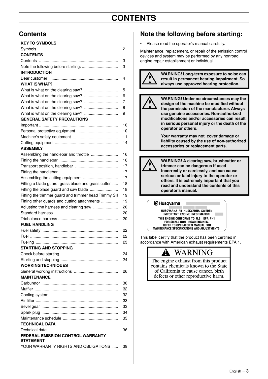 Husqvarna 250 R manual Contents 