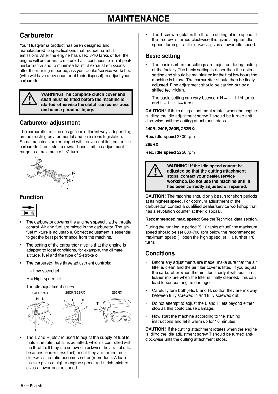 Husqvarna 250 R manual Maintenance, Carburetor 