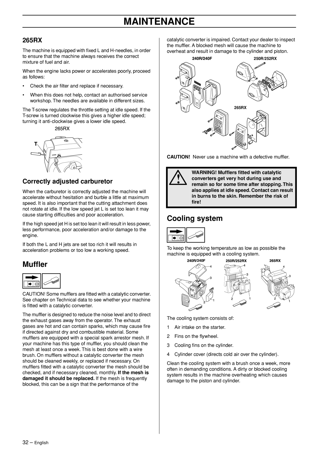 Husqvarna 250 R manual Mufﬂer, Cooling system, 265RX, Correctly adjusted carburetor 