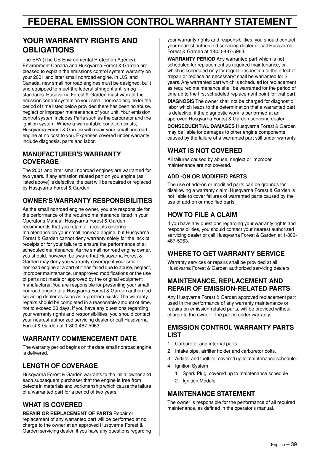 Husqvarna 250 R manual Federal Emission Control Warranty Statement, Your Warranty Rights and Obligations 