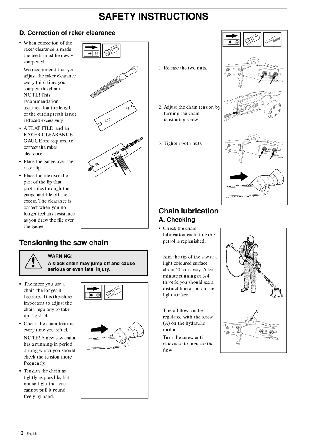 Husqvarna 250PS manual Tensioning the saw chain, Chain lubrication, Correction of raker clearance, Checking 