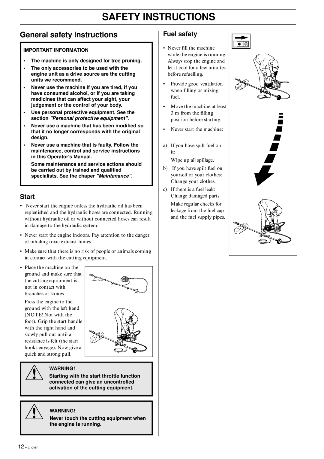 Husqvarna 250PS manual General safety instructions, Start, Fuel safety 