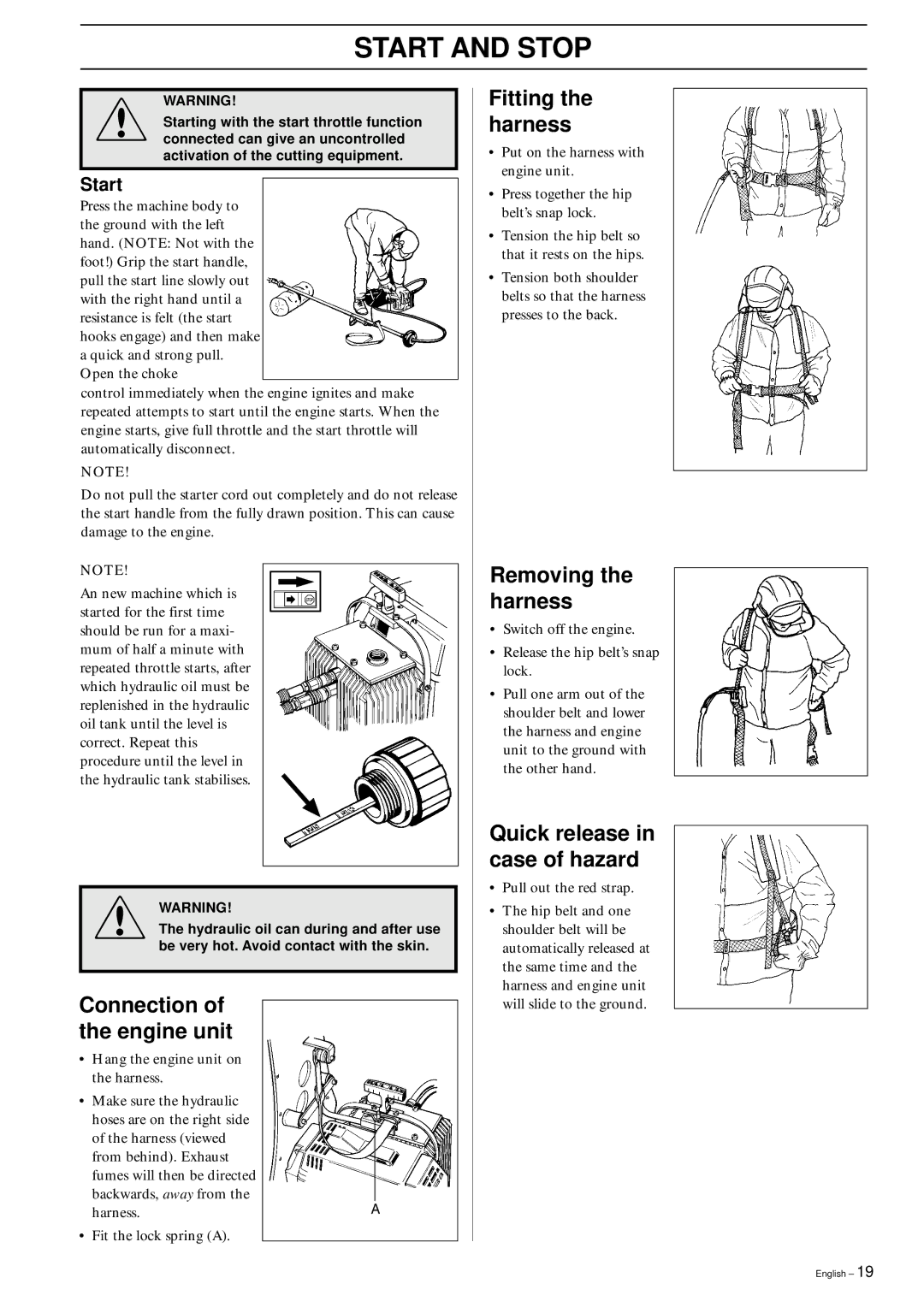 Husqvarna 250PS manual Start and Stop, Connection of the engine unit, Fitting the harness, Removing the harness 