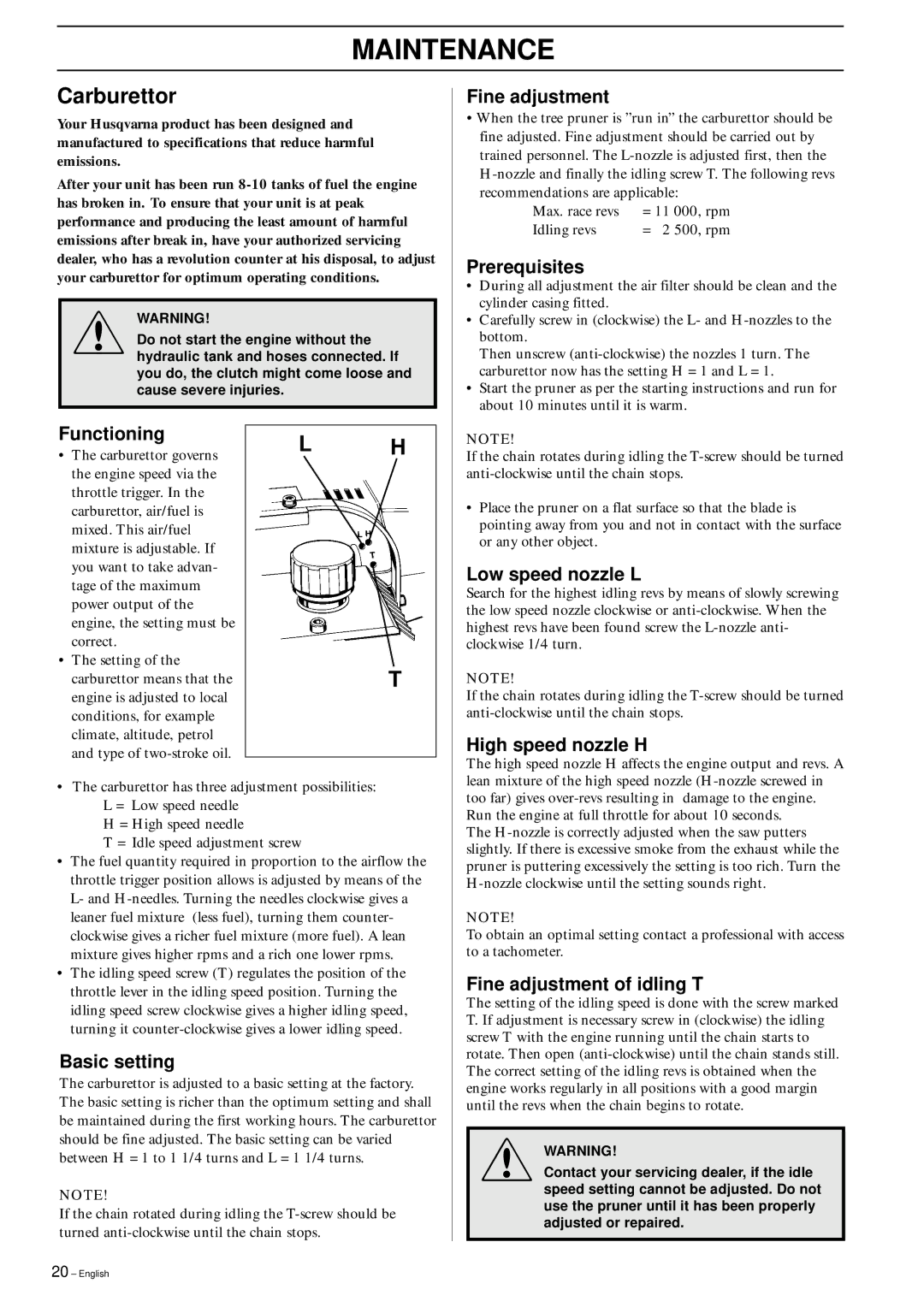 Husqvarna 250PS manual Maintenance, Carburettor 