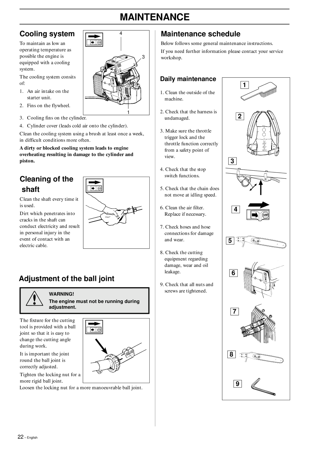 Husqvarna 250PS manual Cooling system, Maintenance schedule, Cleaning of the shaft, Adjustment of the ball joint 