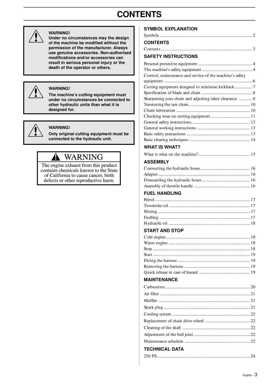 Husqvarna 250PS manual Contents 