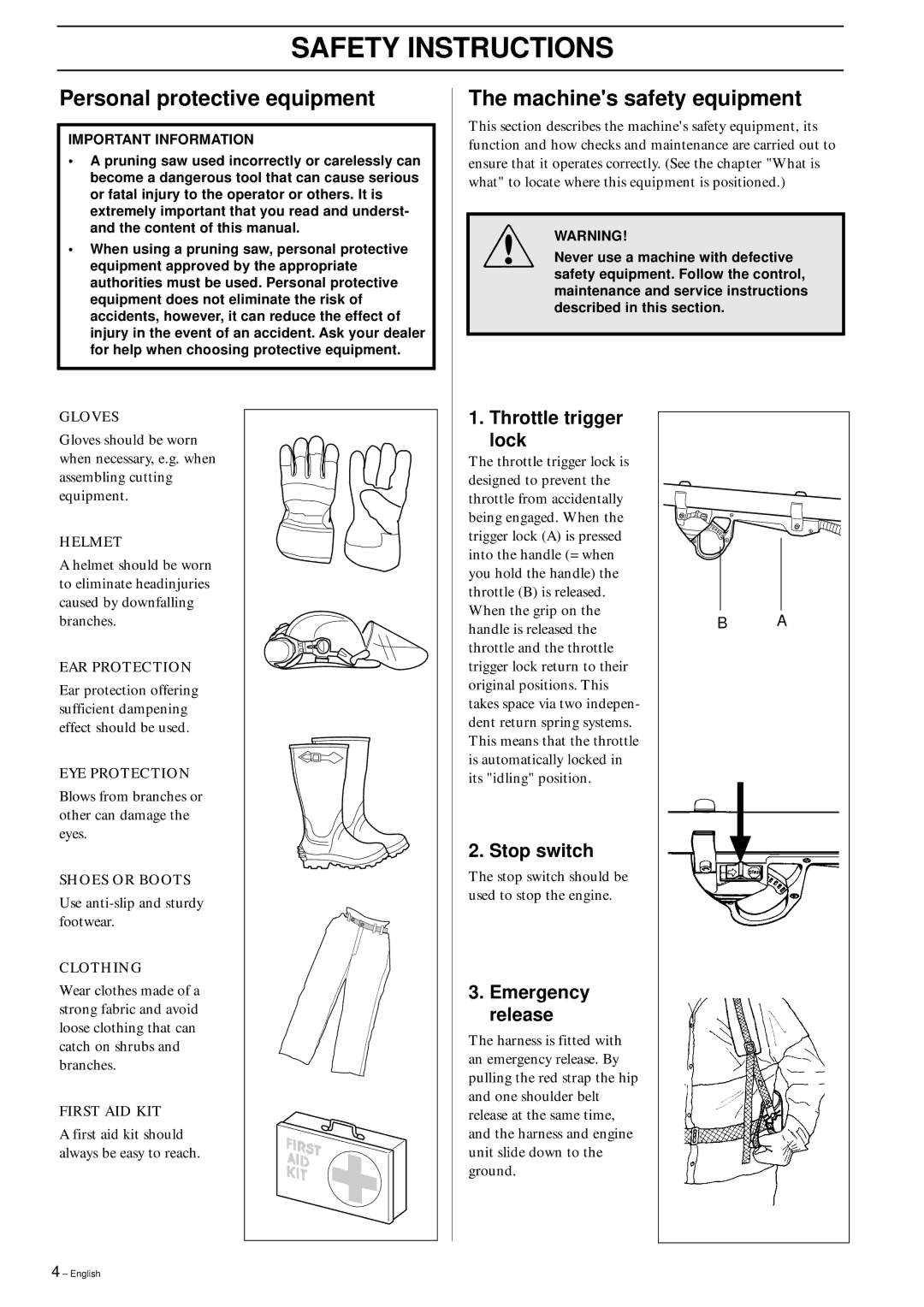 Husqvarna 250PS manual Safety Instructions, Personal protective equipment, Machines safety equipment 