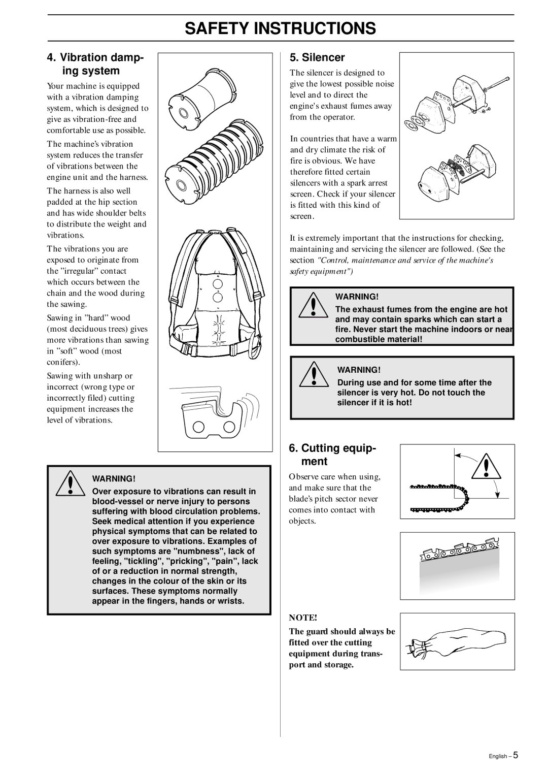 Husqvarna 250PS manual Vibration damp- ing system, Silencer, Cutting equip- ment 