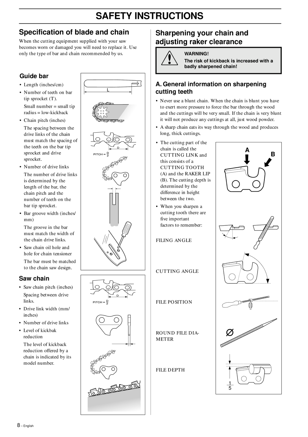 Husqvarna 250PS manual Specification of blade and chain, General information on sharpening cutting teeth 