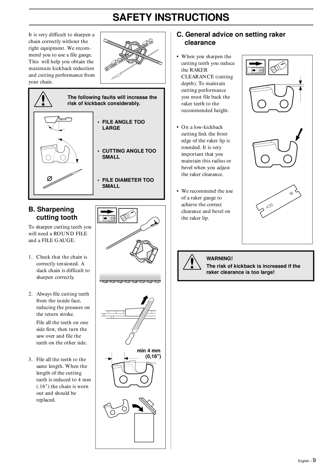 Husqvarna 250PS manual General advice on setting raker clearance, Sharpening cutting tooth 