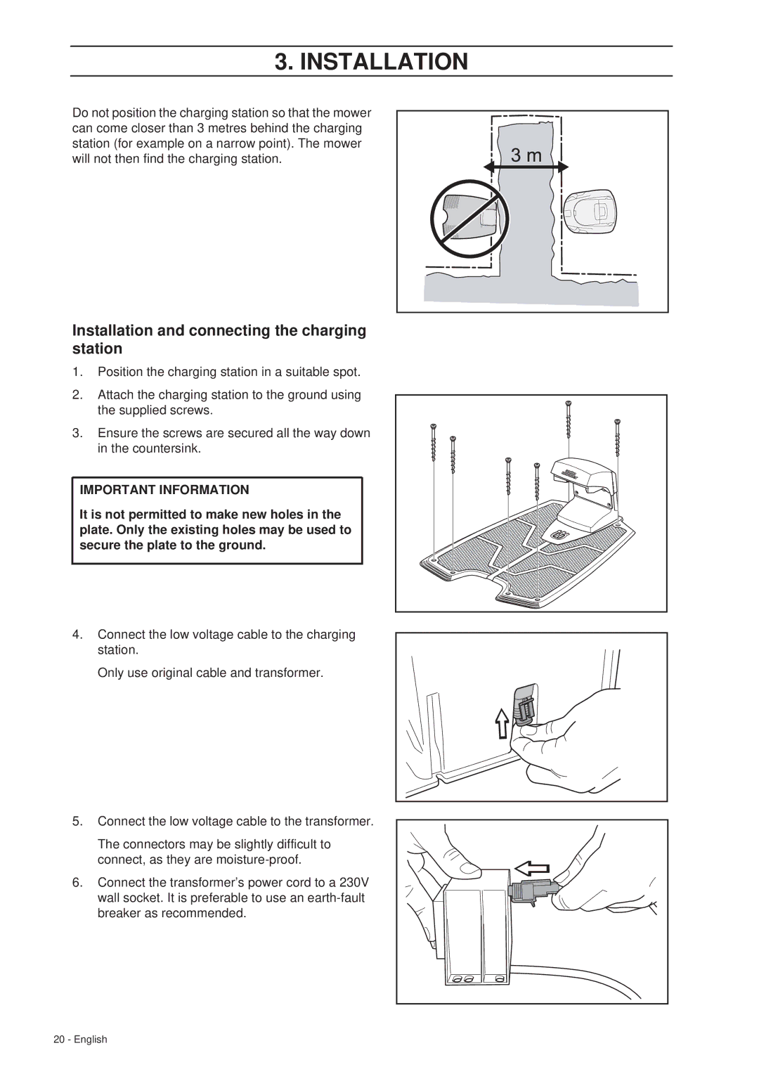 Husqvarna 260 ACX manual Installation and connecting the charging station 