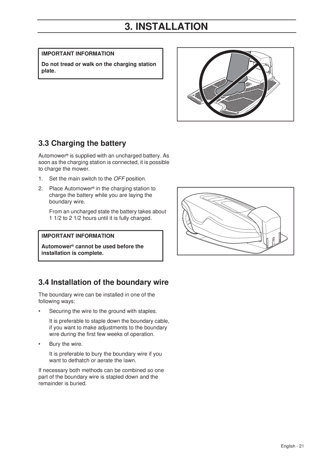 Husqvarna 260 ACX manual Charging the battery, Installation of the boundary wire 