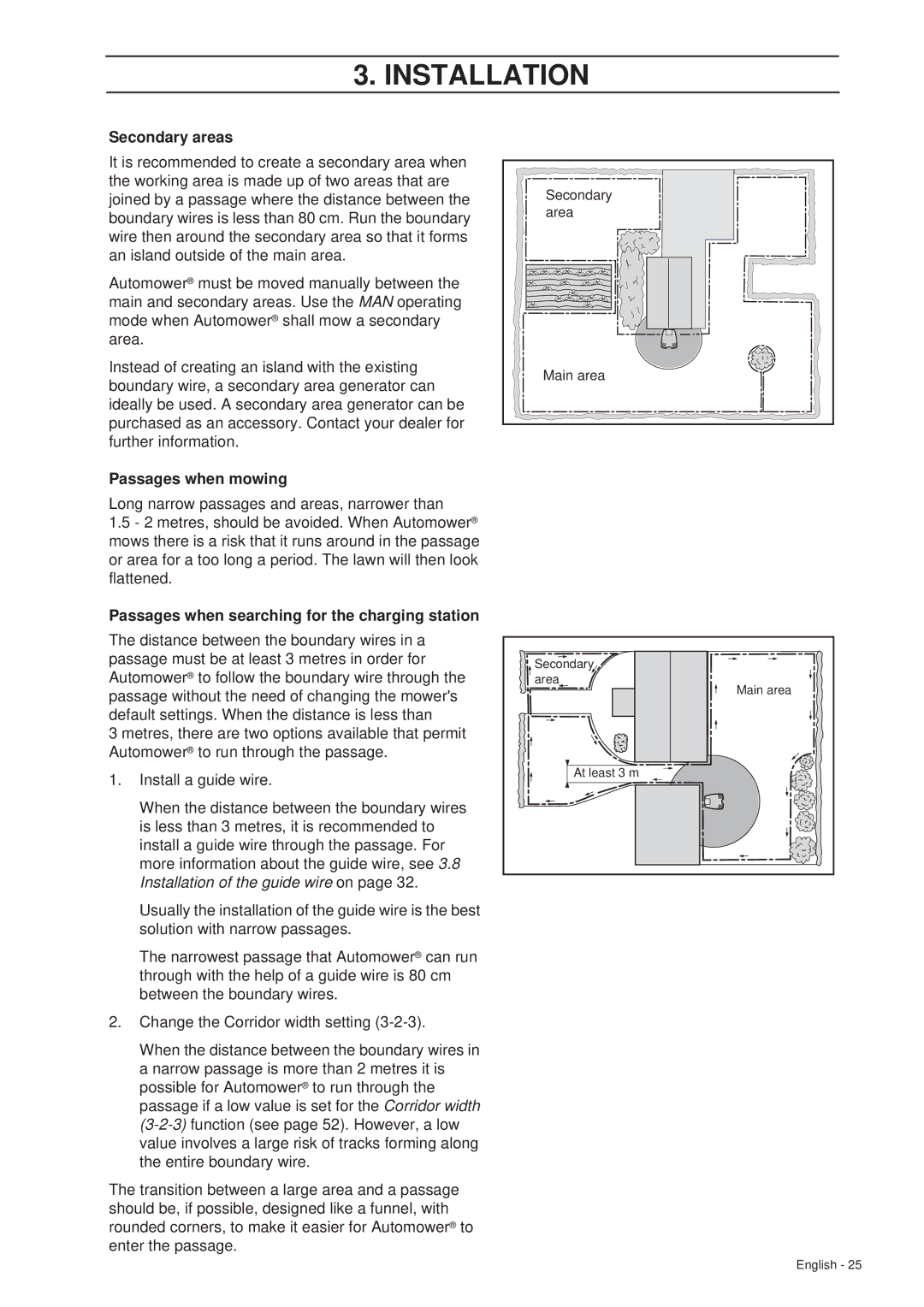 Husqvarna 260 ACX manual Secondary areas, Passages when mowing, Passages when searching for the charging station 