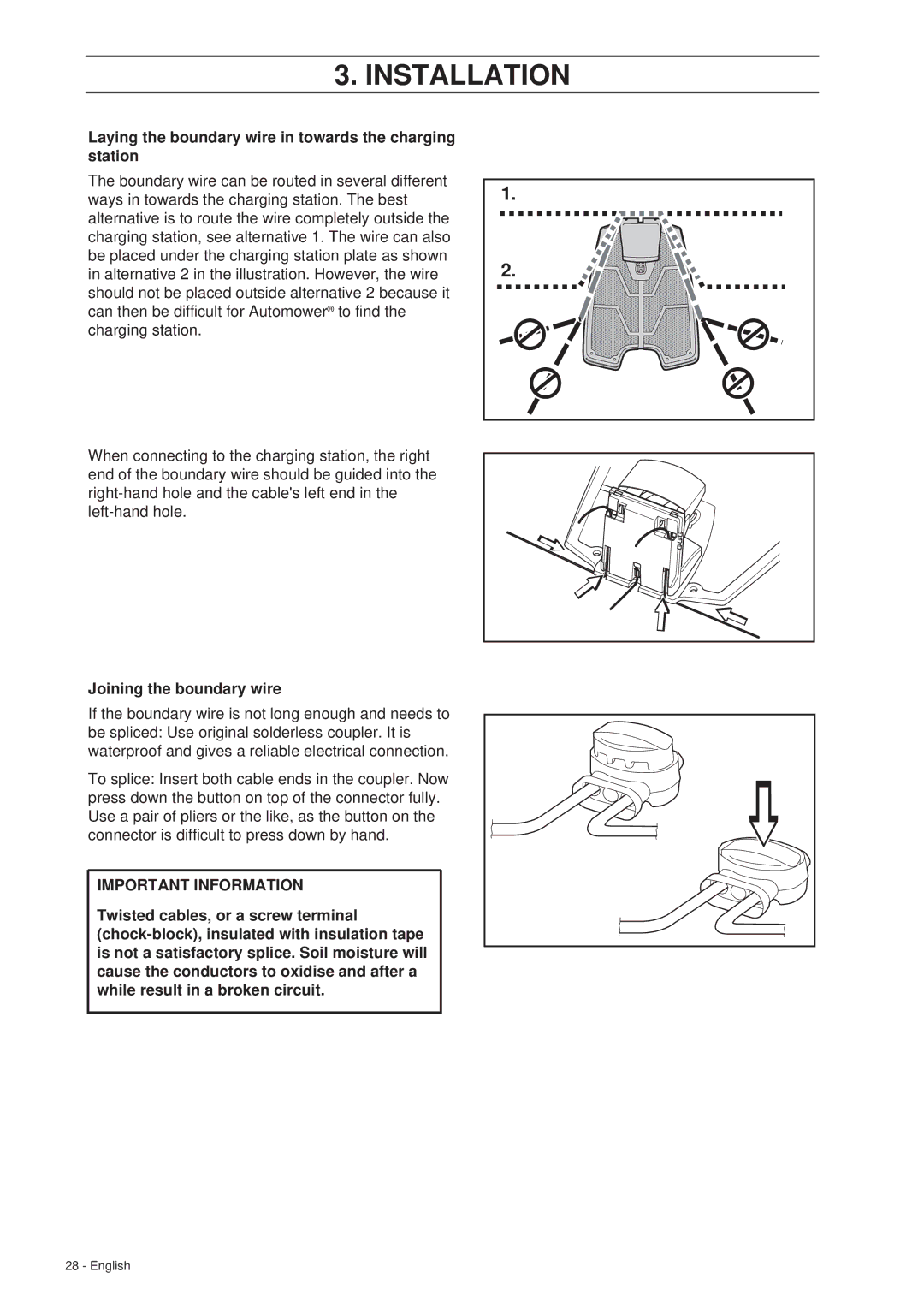 Husqvarna 260 ACX manual Laying the boundary wire in towards the charging station, Joining the boundary wire 