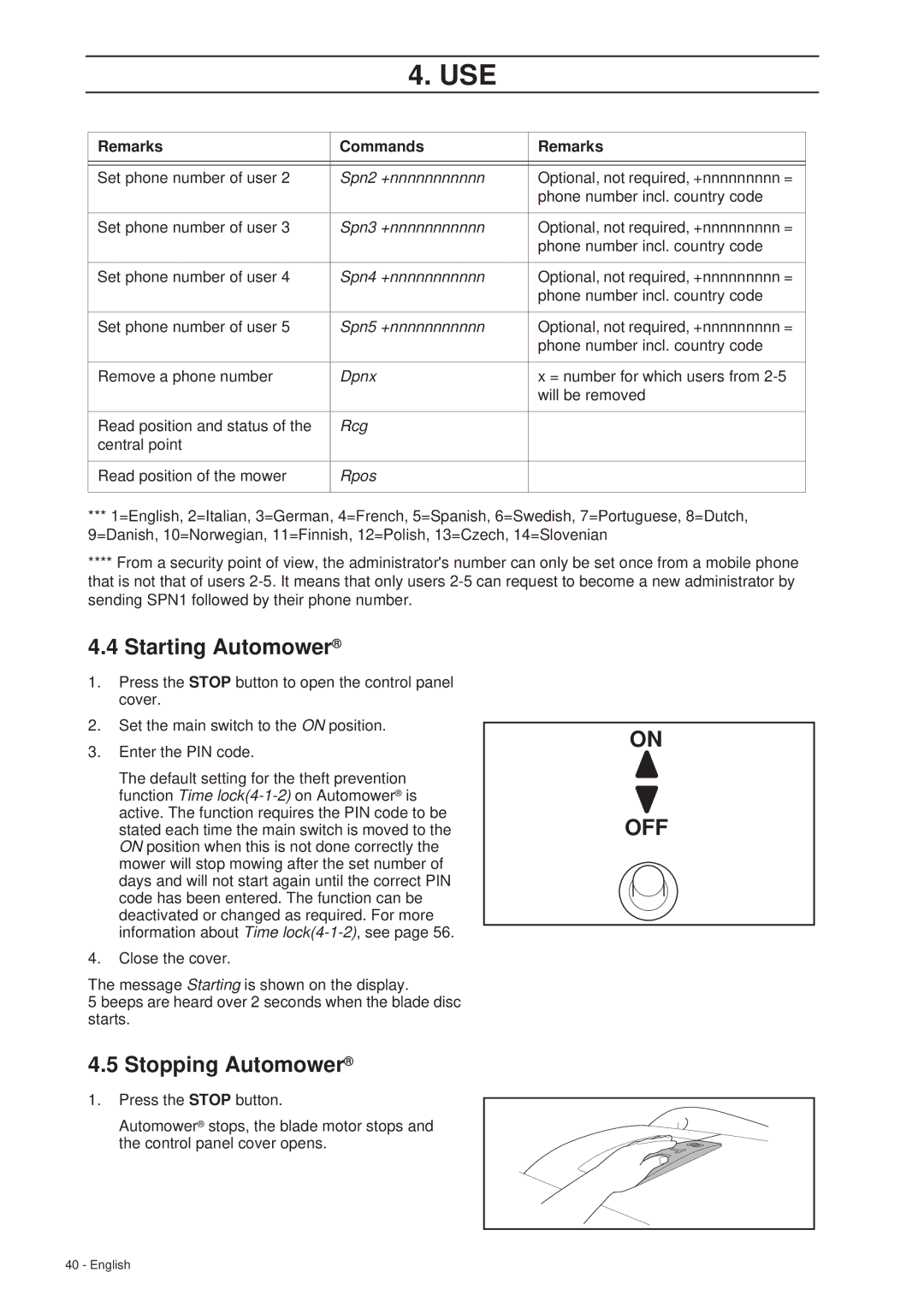 Husqvarna 260 ACX manual Starting Automower, Stopping Automower 