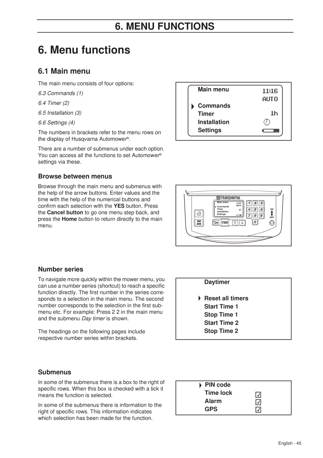 Husqvarna 260 ACX manual Menu functions, Main menu, Browse between menus, Number series, Submenus 