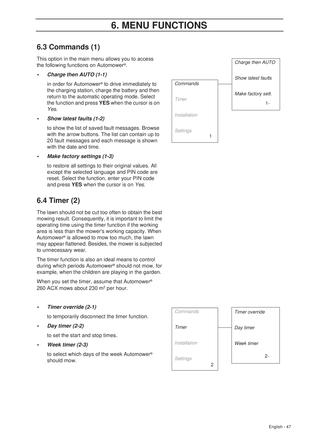 Husqvarna 260 ACX manual Commands, Timer 