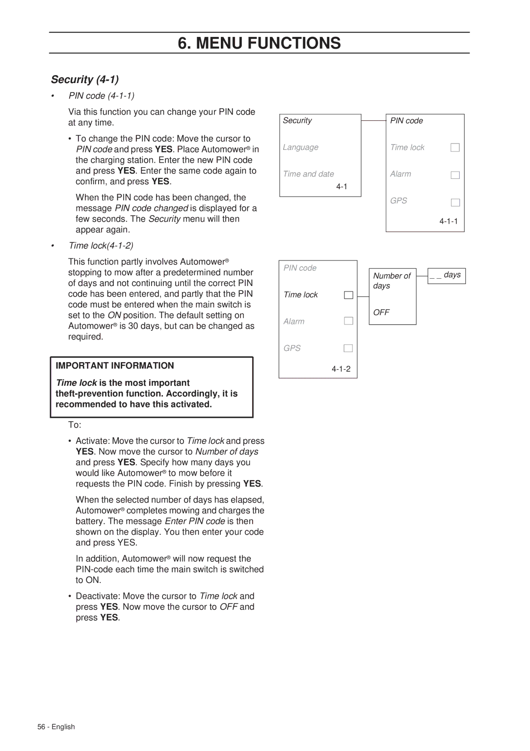 Husqvarna 260 ACX manual PIN code, Time lock4-1-2 