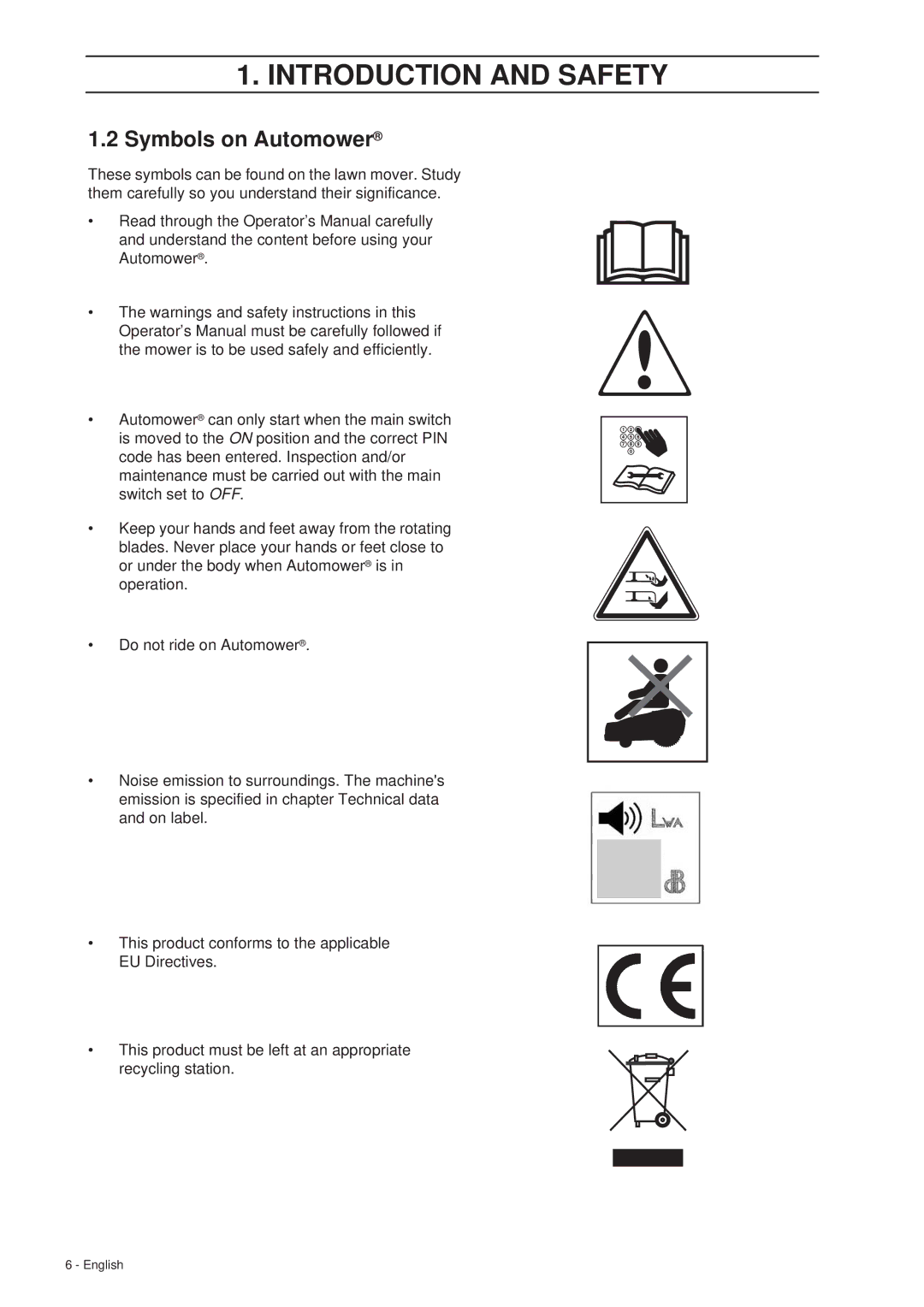 Husqvarna 260 ACX manual Symbols on Automower 