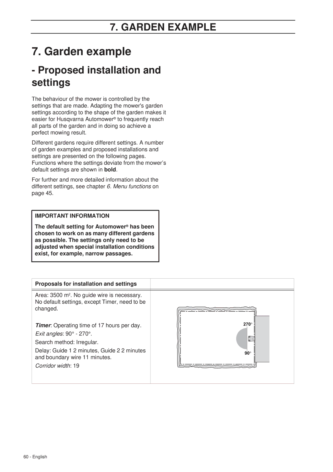 Husqvarna 260 ACX manual Garden example, Proposed installation and settings 