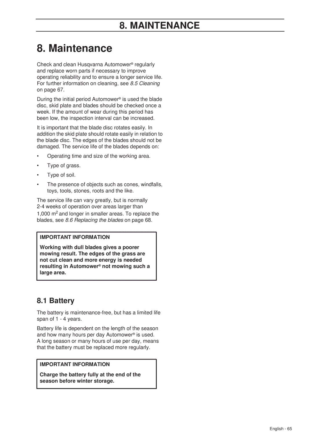 Husqvarna 260 ACX manual Maintenance, Battery 