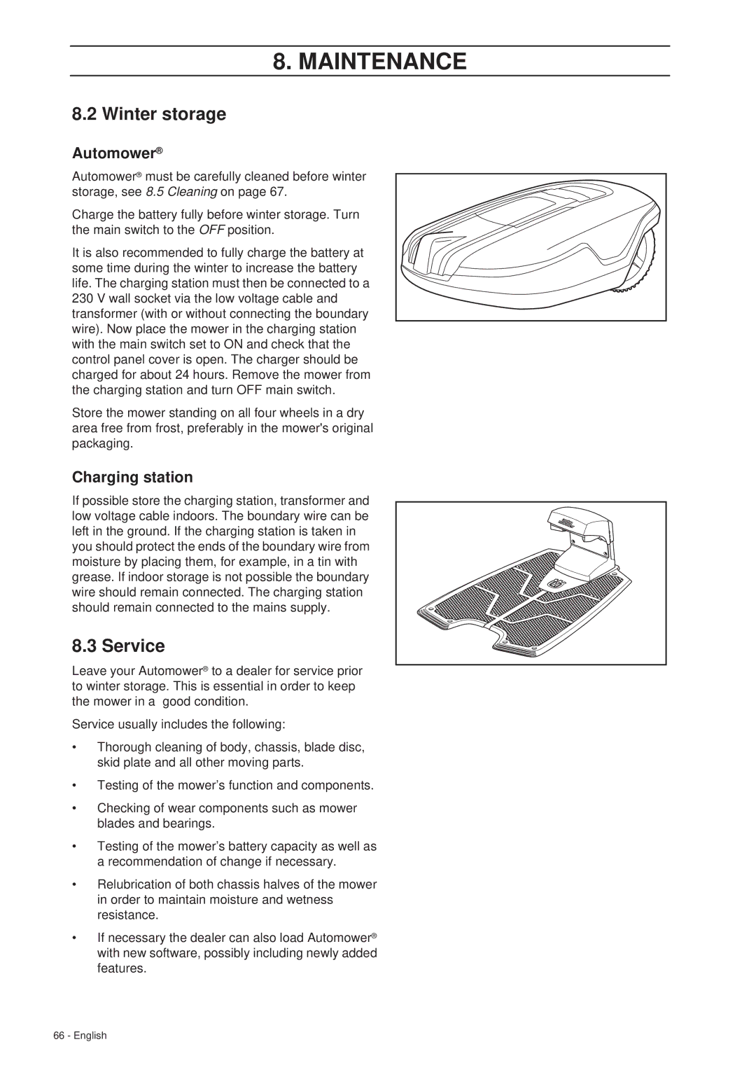 Husqvarna 260 ACX manual Winter storage, Service, Automower, Charging station 