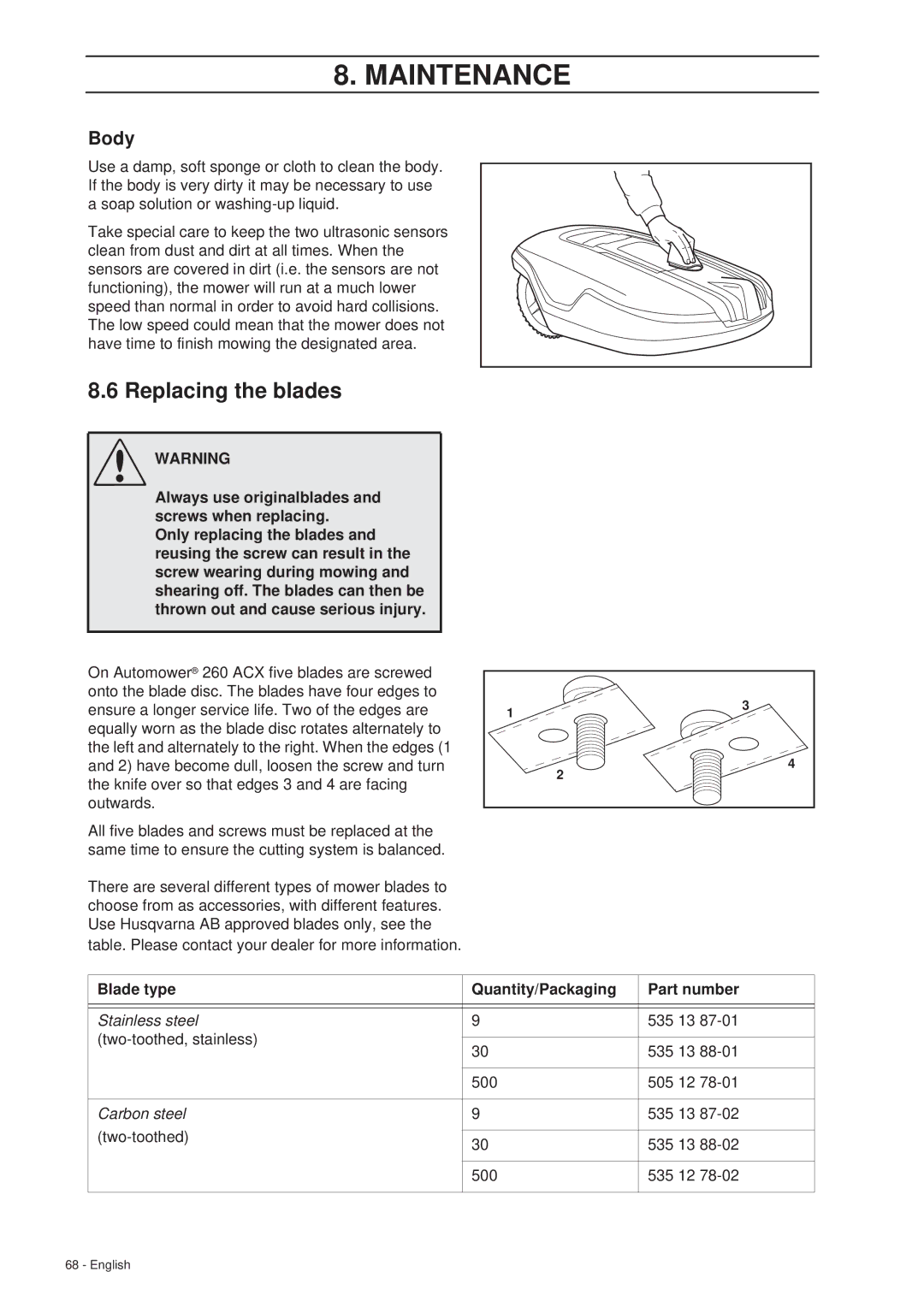 Husqvarna 260 ACX manual Replacing the blades, Body 