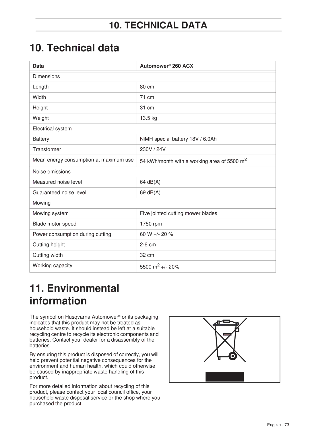 Husqvarna manual Technical data, Data Automower 260 ACX 