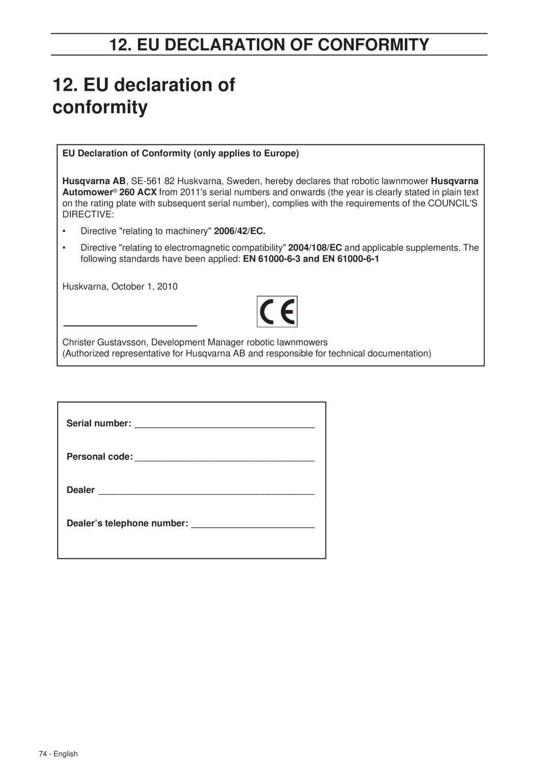 Husqvarna 260 ACX manual EU declaration of conformity, EU Declaration of Conformity only applies to Europe 