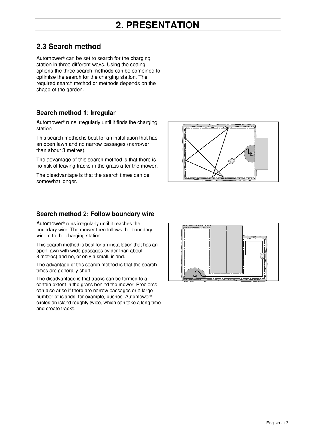 Husqvarna 260 ACX manual Search method 1 Irregular, Search method 2 Follow boundary wire 