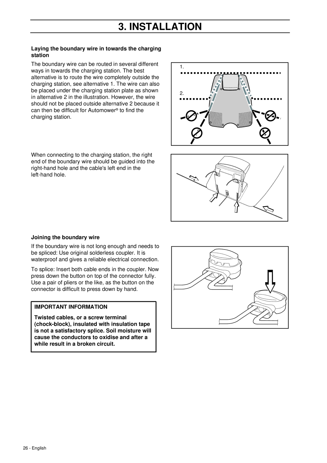 Husqvarna 260 ACX manual Laying the boundary wire in towards the charging station, Joining the boundary wire 